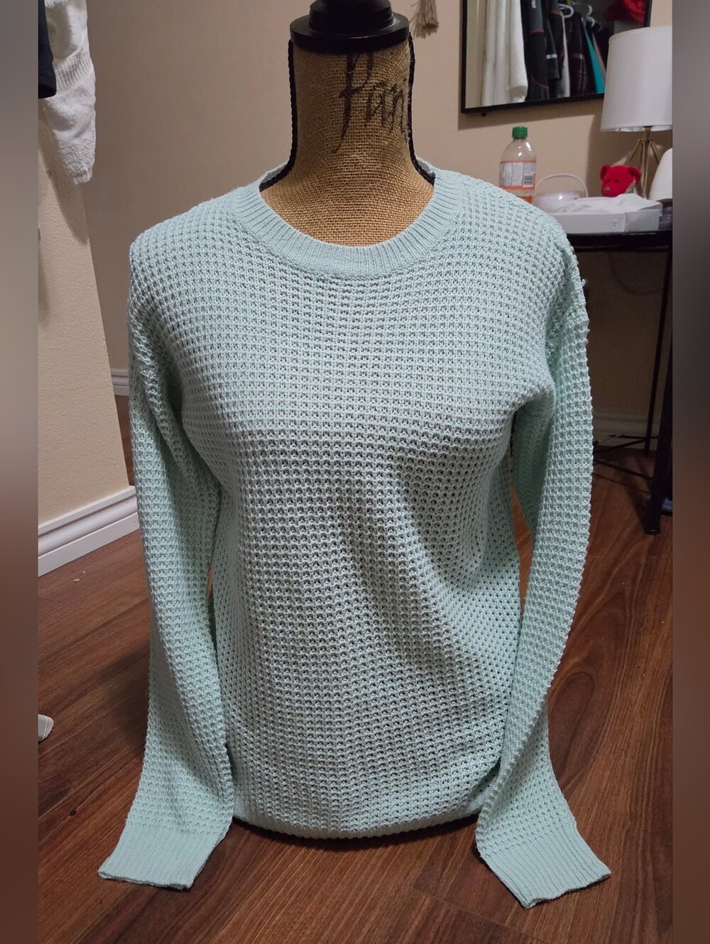 Ardene Light Mint Waffle-Knit Crewneck Sweater | Size Medium